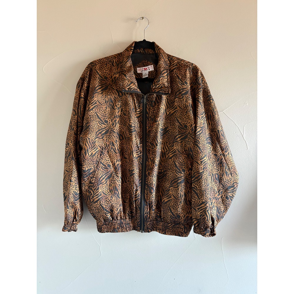 Stunt Sports Vintage 100% Silk Animal Print Bomber Jacket Leopard Zebra Small